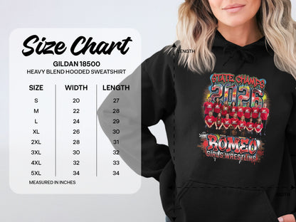 Gildan 18500 size chart for hooded sweatshirt with wrestling team graphic.