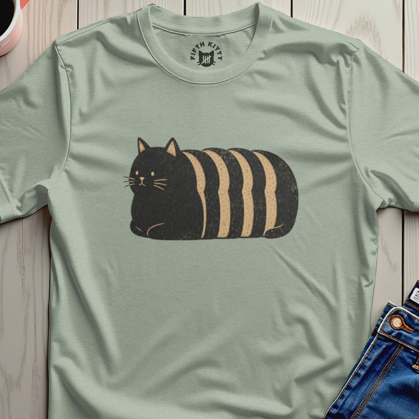 Black cat with beige stripes on a sage green t-shirt.