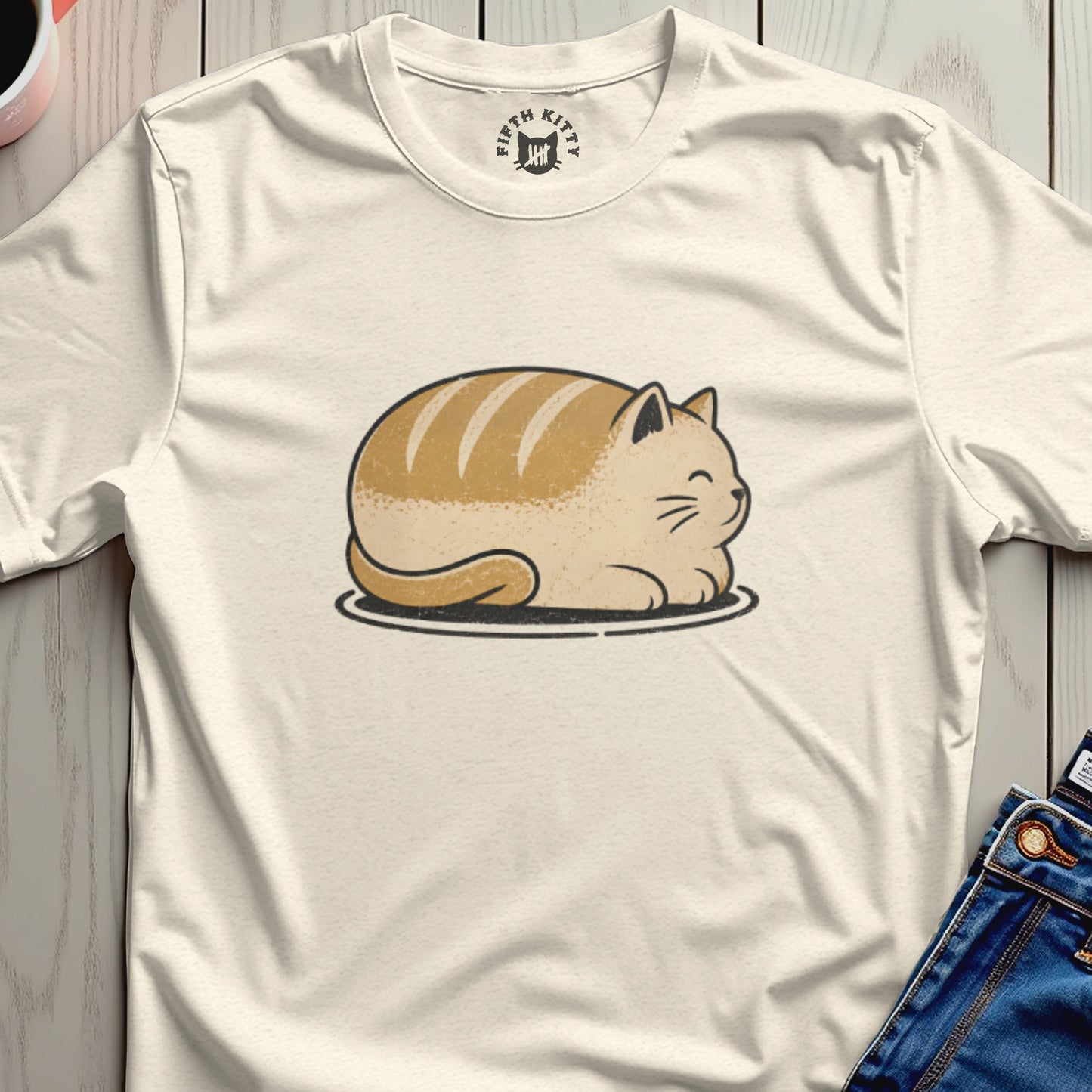 Cream t-shirt with cartoon loaf cat graphic and "Fifth Kitty" logo.