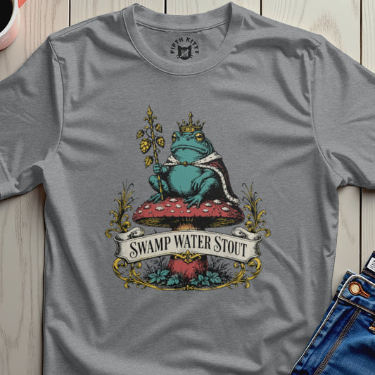 King toad on mushroom with "Swamp Water Stout" banner.