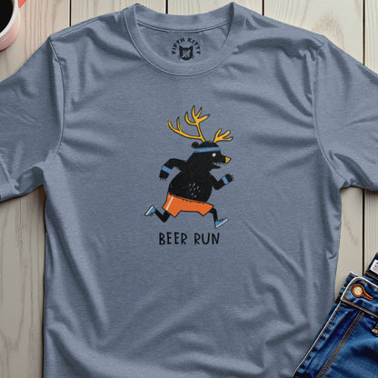 T-shirt with a cartoon bear wearing antlers, running shorts, and the text "BEER RUN".