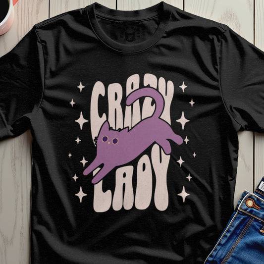 Crazy Lady Retro Purple Cat Design on Black Shirt