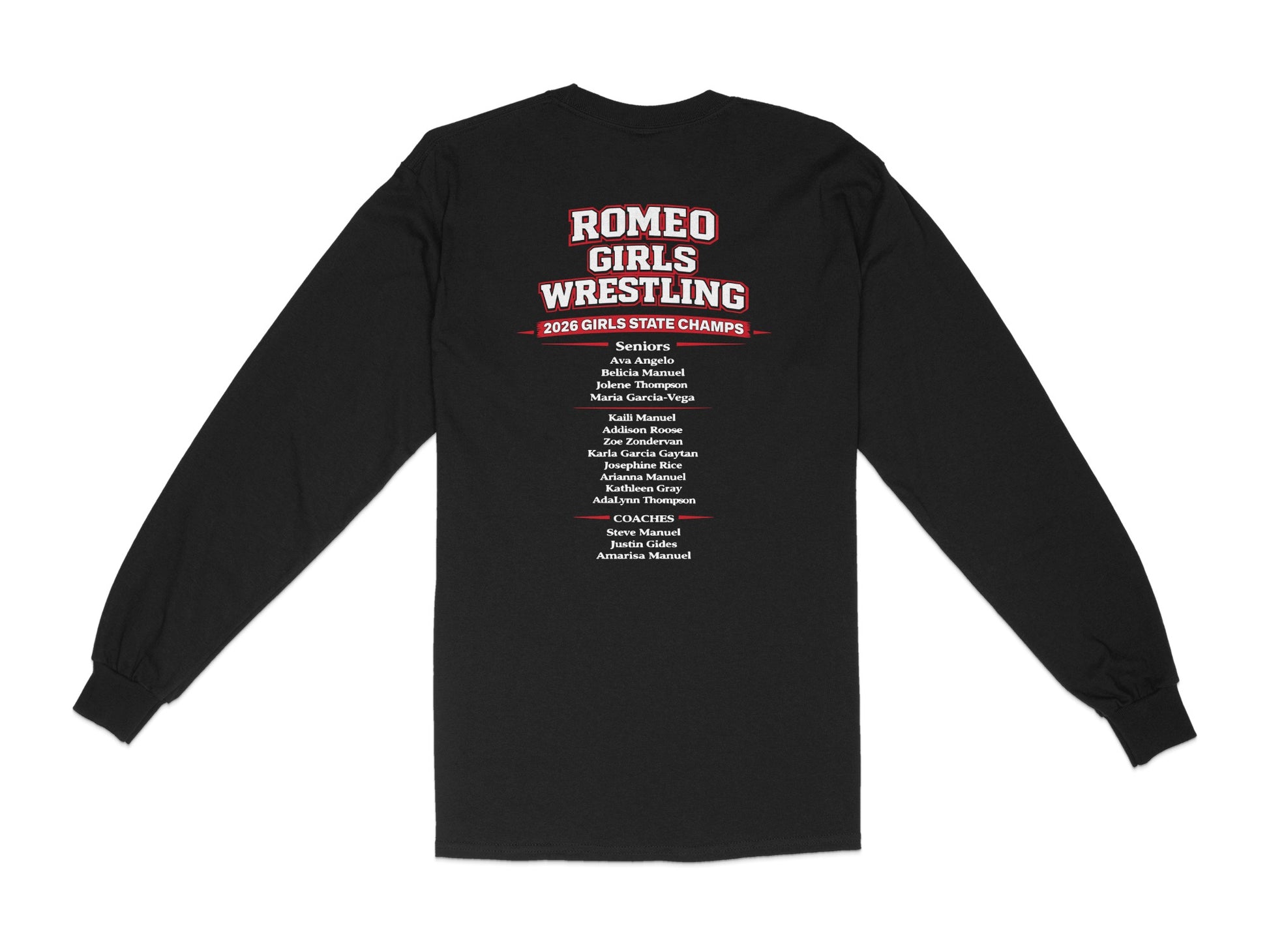 Romeo Girls Wrestling 2026 State Champs long-sleeve shirt with team roster.
