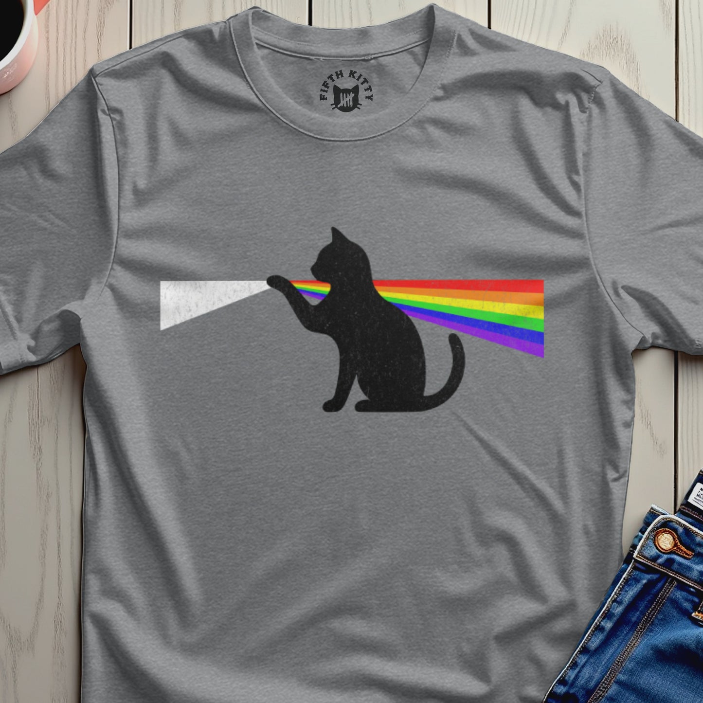 Rainbow Cat Graphic on Gray Fifth Kitty T-Shirt