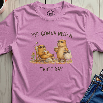 Pink t-shirt with cartoon bears, sunglasses, drinks, and text "Yep, Gonna Need A THICC DAY".