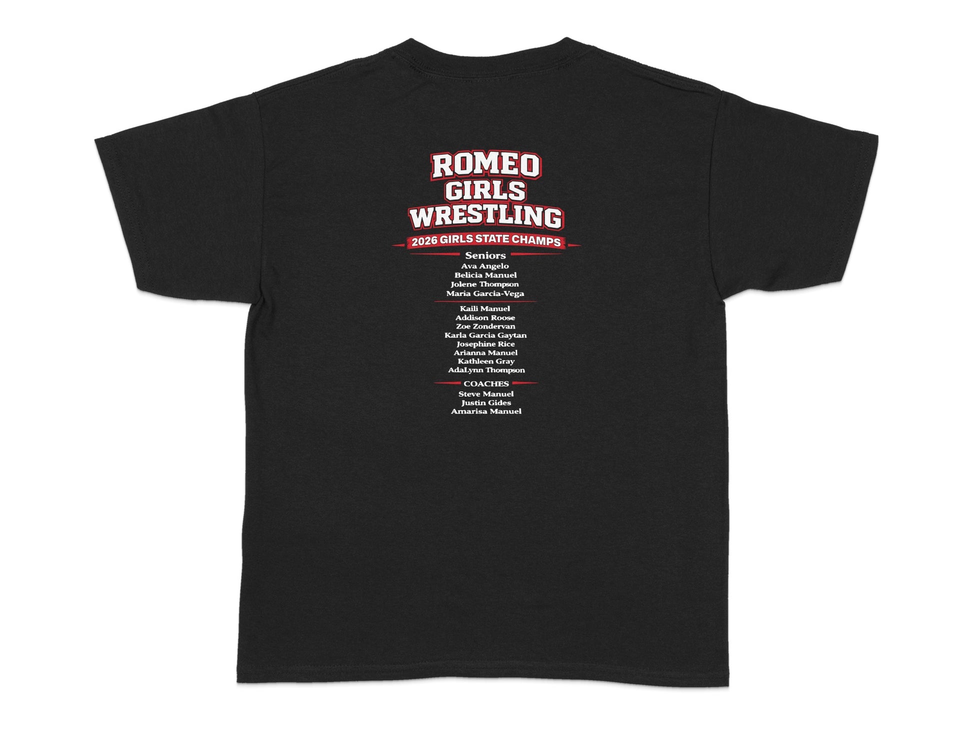 Romeo Girls Wrestling 2026 State Champs team roster listing.