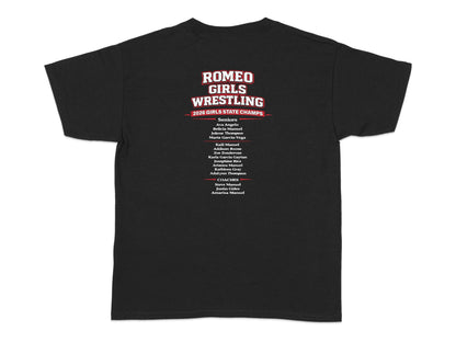 Romeo Girls Wrestling 2026 State Champs team roster listing.