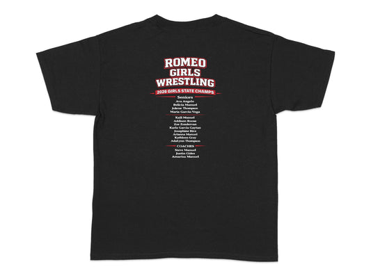 Romeo Girls Wrestling 2026 State Champs team roster listing.