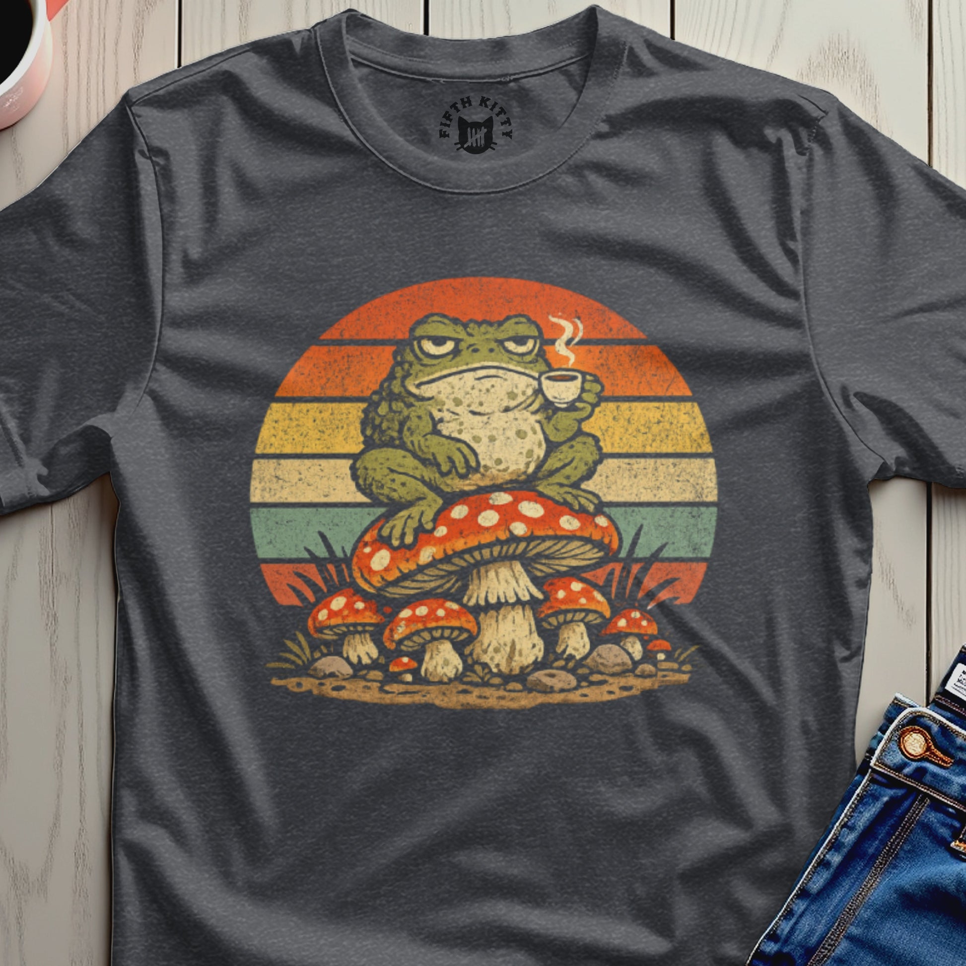 Vintage Frog Drinking Coffee on Mushrooms Graphic Shirt