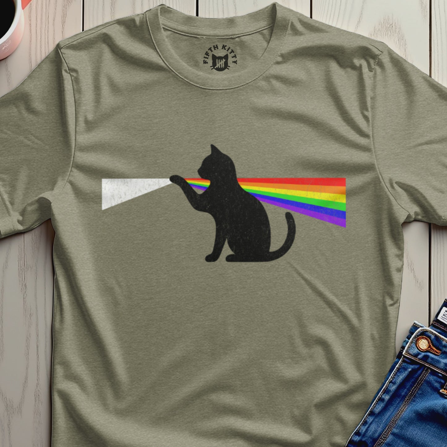 Cat Silhouette with Rainbow Graphic T-Shirt