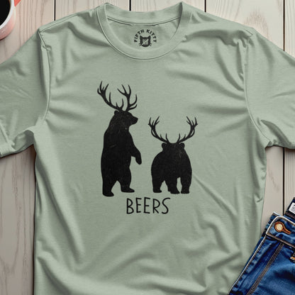 Two black bear silhouettes with antlers, text reads "BEERS".