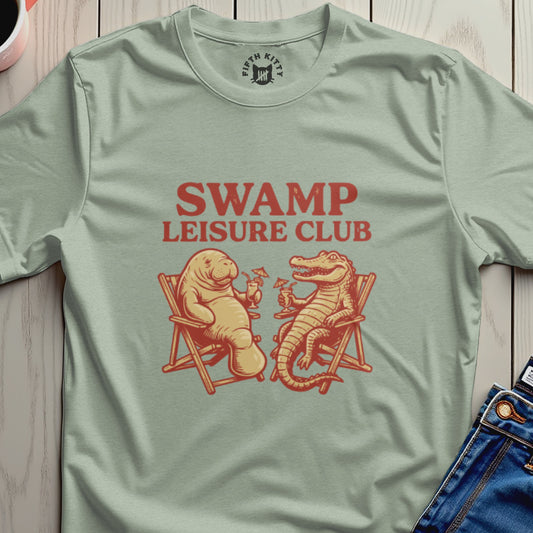 Swamp Leisure Club logo with a manatee and alligator relaxing in chairs.