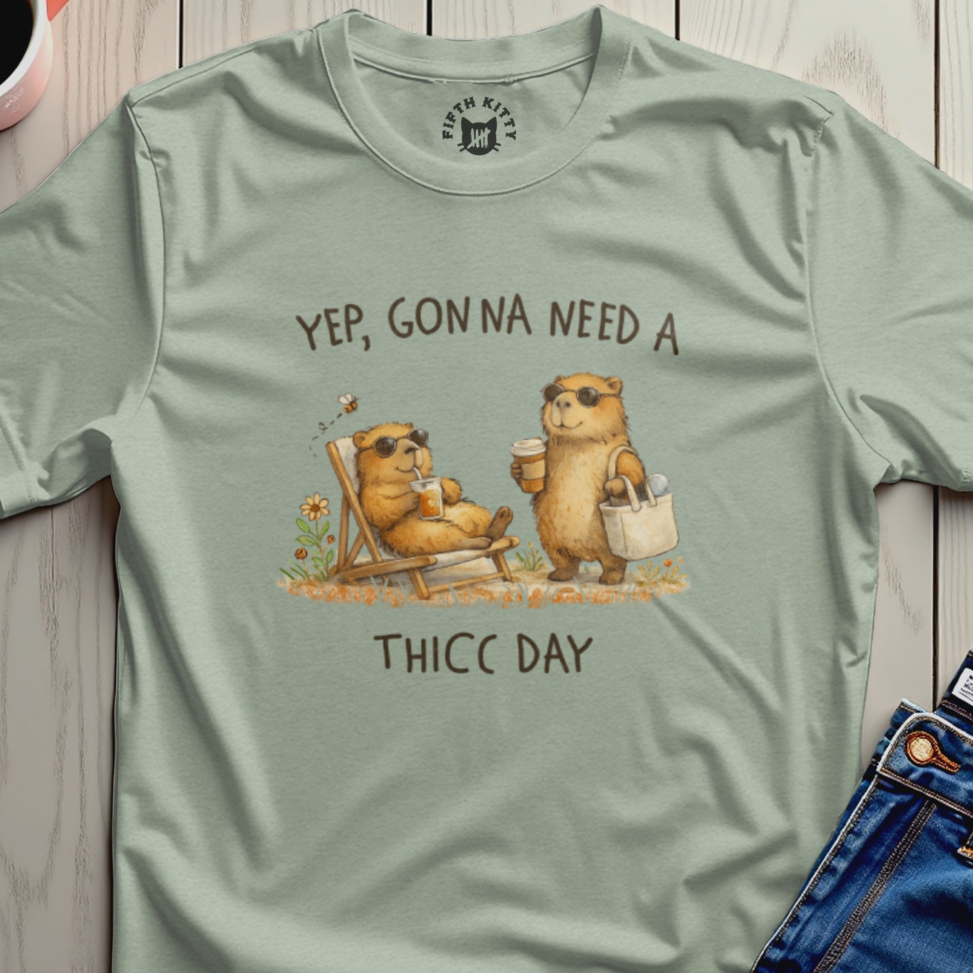 Groundhogs wearing sunglasses relax with drinks and text "THICC DAY."