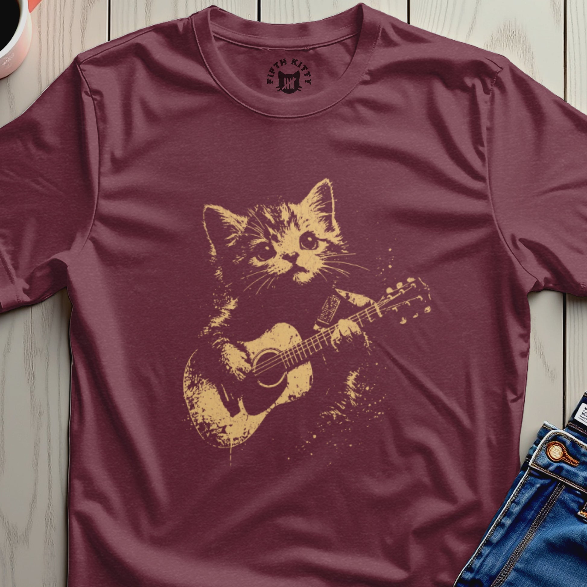Cute Kitten Playing Guitar Graphic T-Shirt
