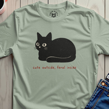 Light green t-shirt with a black cat graphic and the text "cute outside, feral inside."