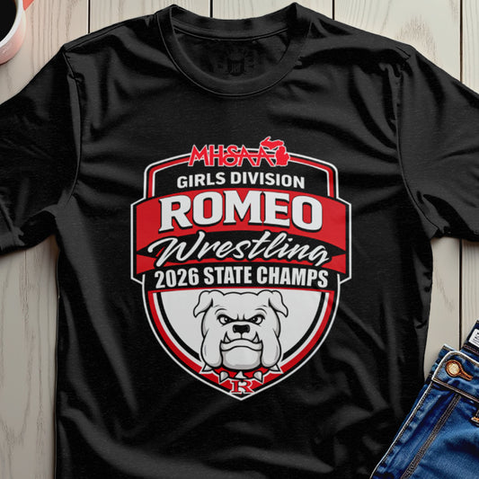 Romeo Girls Wrestling 2026 State Champs bulldog logo on black t-shirt.