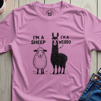 T-shirt with sheep graphic and text "I'M A SHEEP" and llama graphic with text "I'M A WEIRDO".