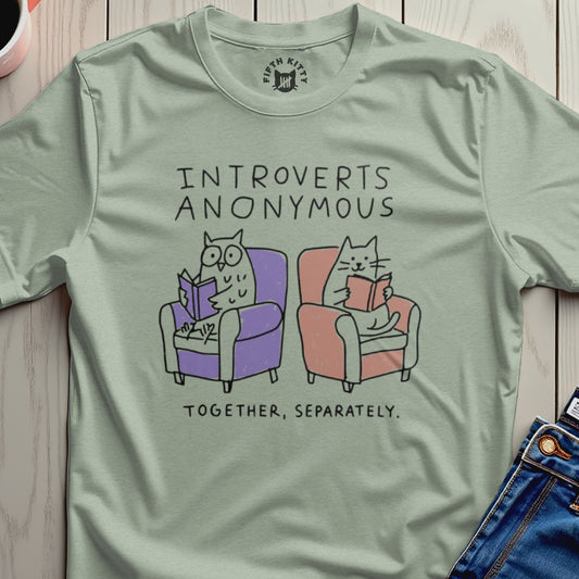 Introverts Anonymous text with owl and cat reading in chairs.