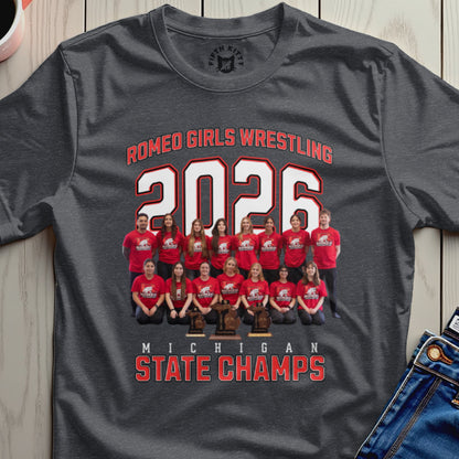 Romeo Girls Wrestling 2026 Michigan State Champs team photo.
