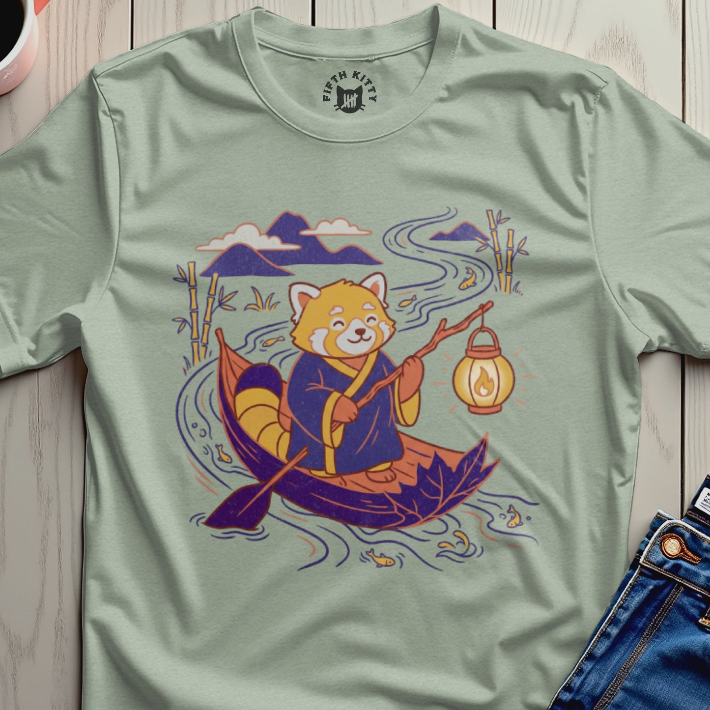 Cartoon Red Panda Floating Down River T-Shirt