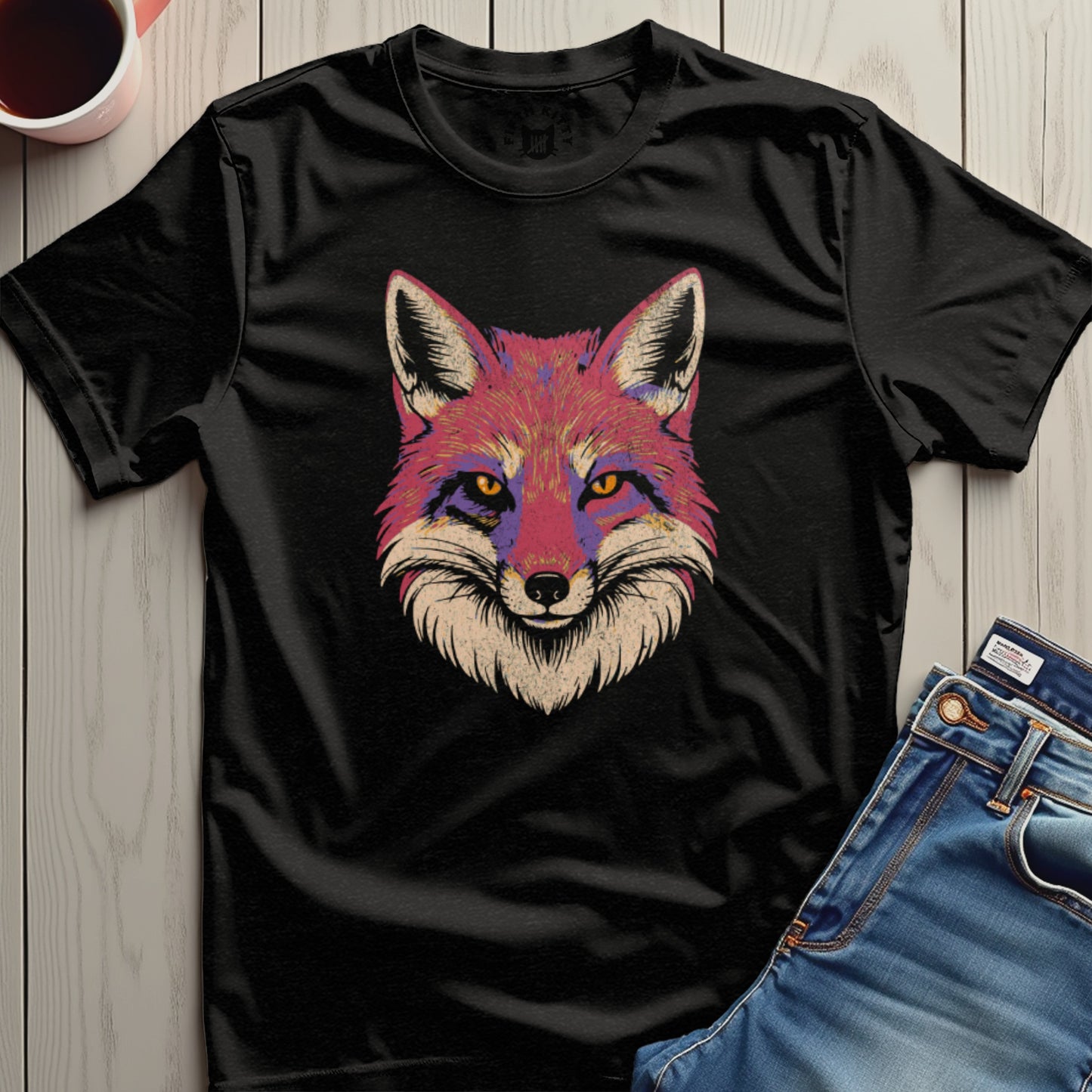 Bold Pink and Purple Fox Graphic Black Shirt product type