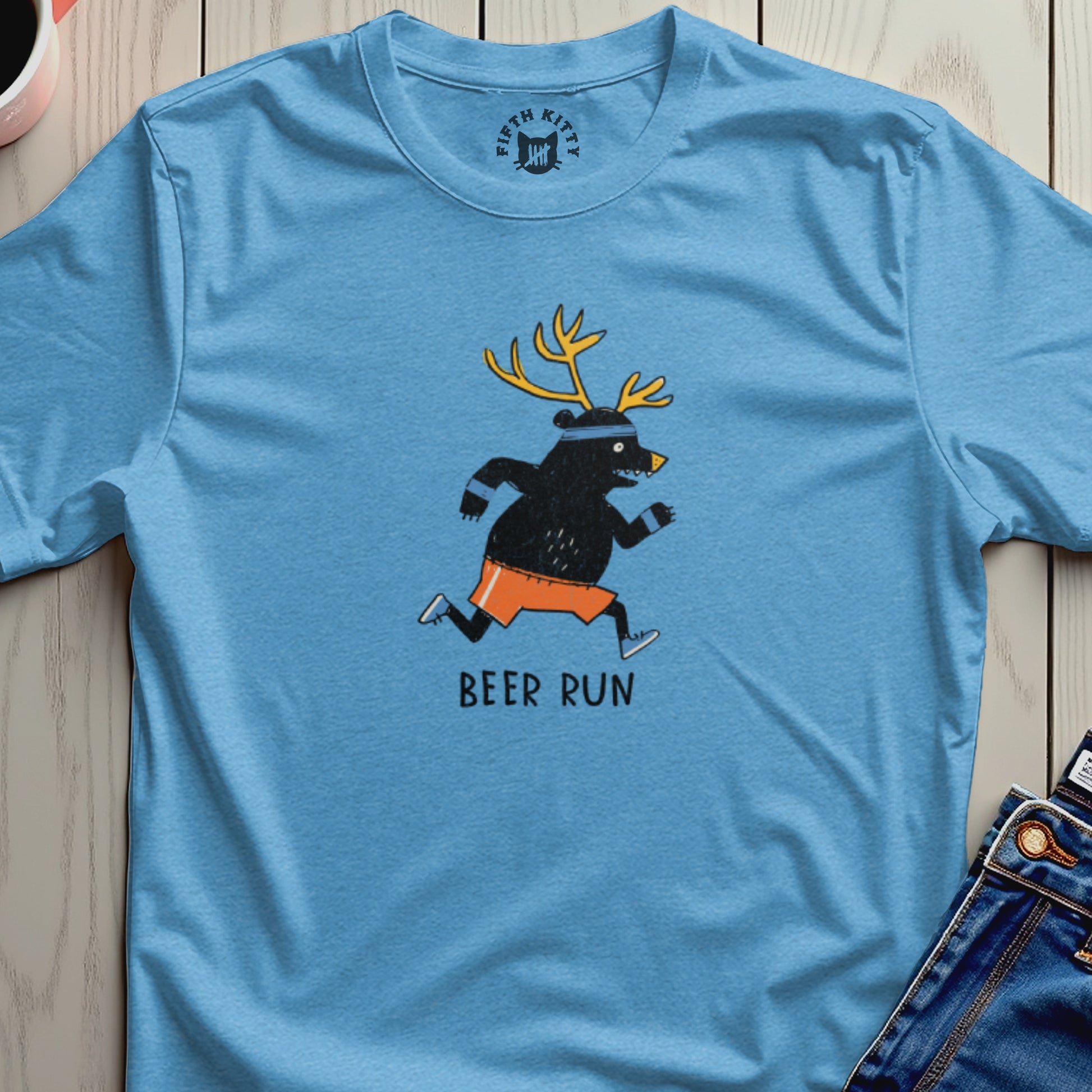 Black bear with antlers wearing running shorts and headband with text "BEER RUN."