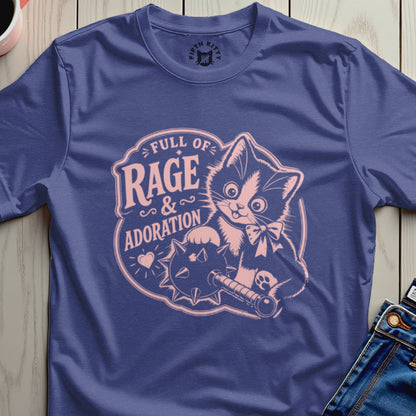 Purple t-shirt with pink graphic of a cat holding a spiked ball and chain.
