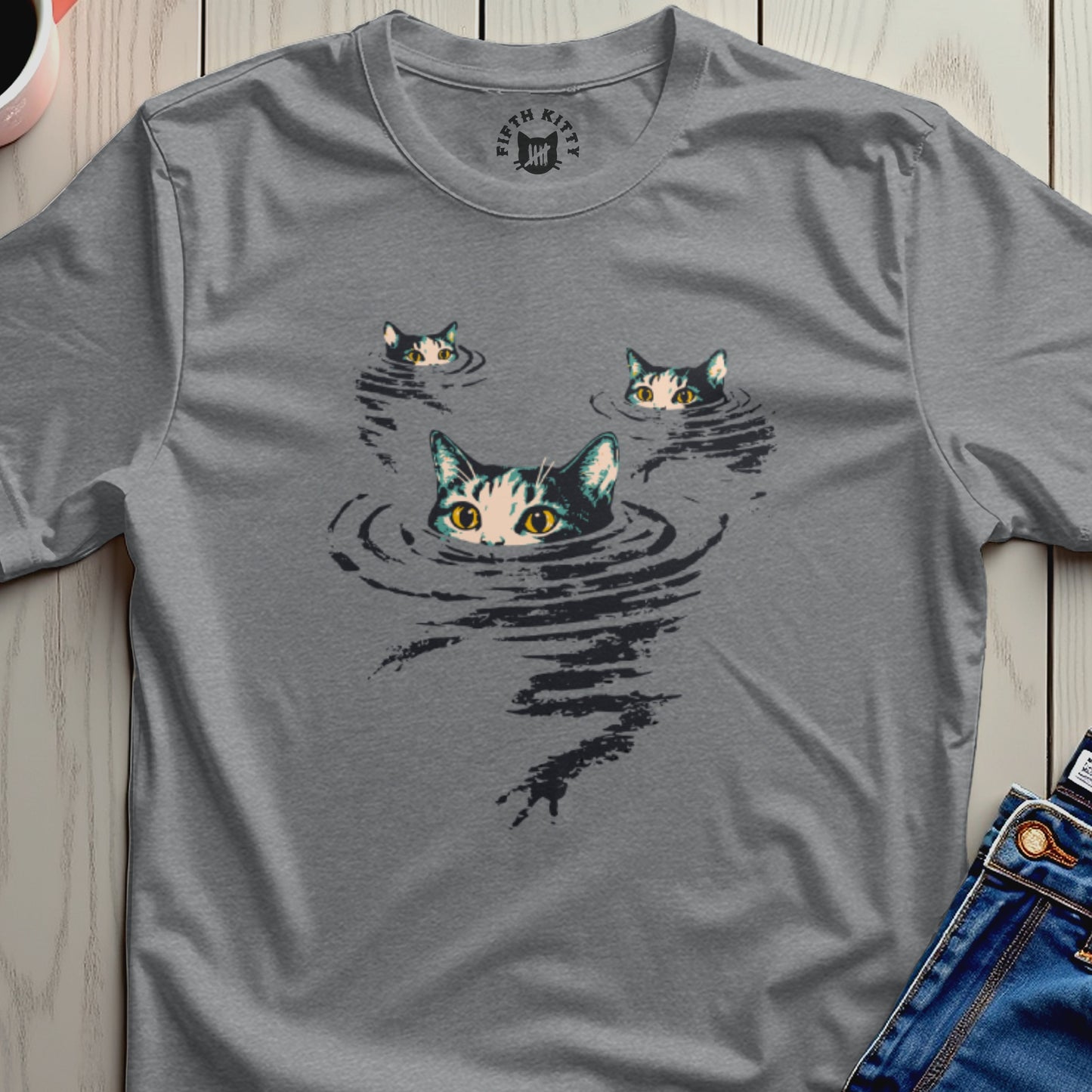 Three cats peeking out of dark water with yellow eyes.