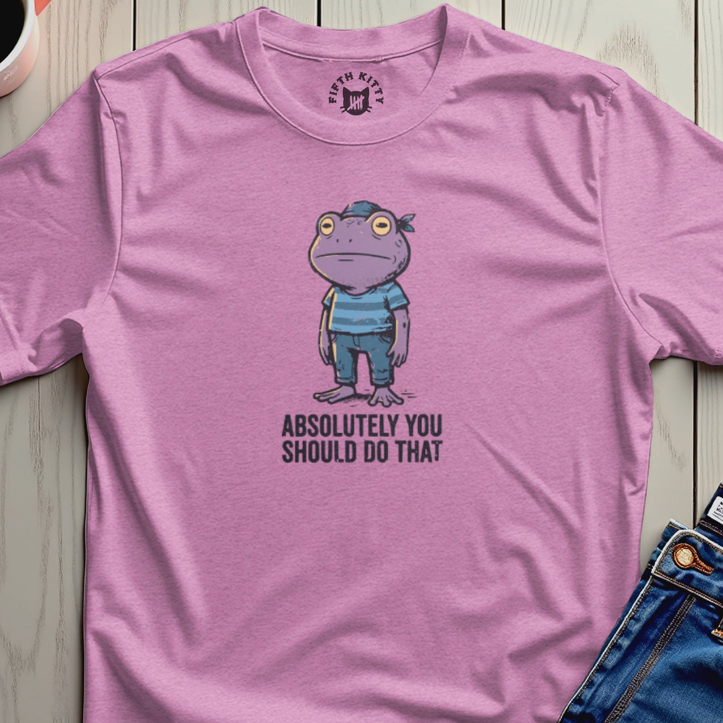 Purple t-shirt with cartoon frog wearing bandana and striped shirt, reads "ABSOLUTELY YOU SHOULD DO THAT".