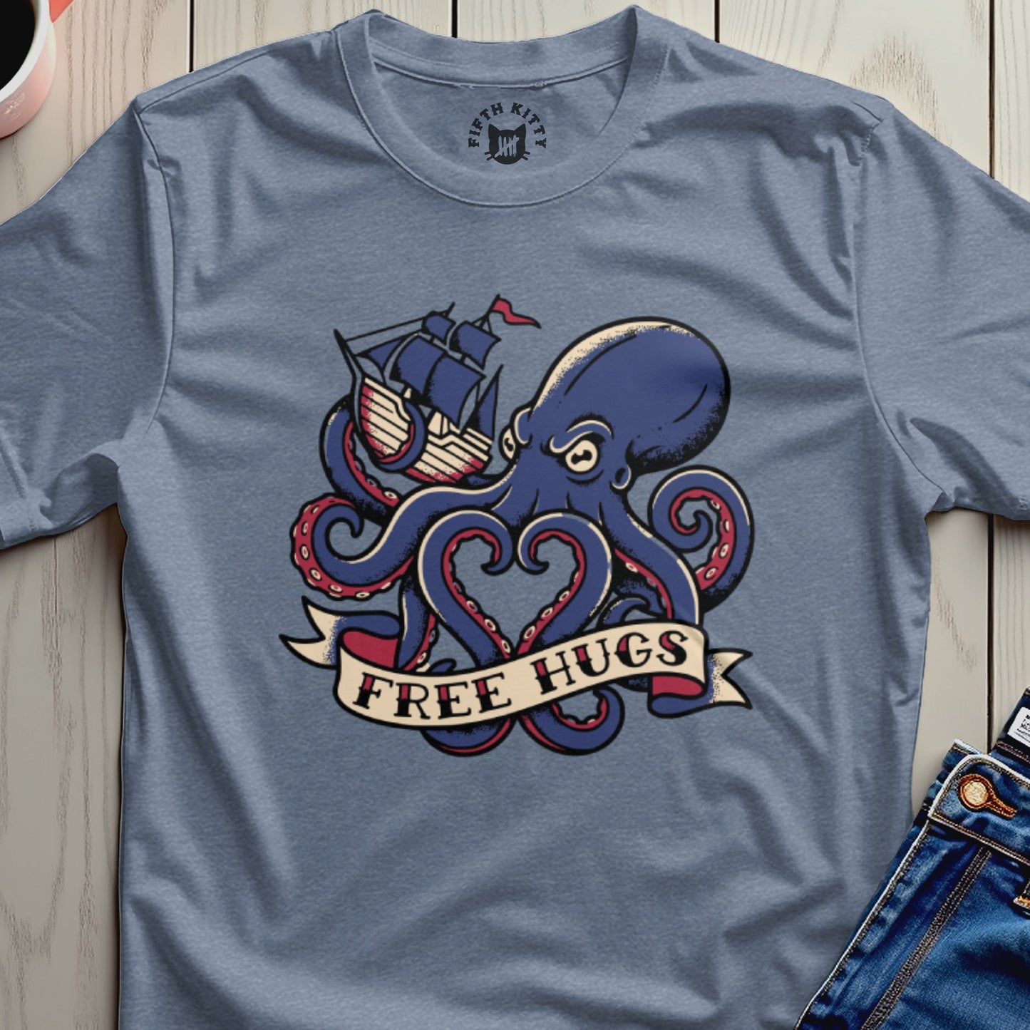 Free Hugs Octopus and Ship Graphic T-Shirt