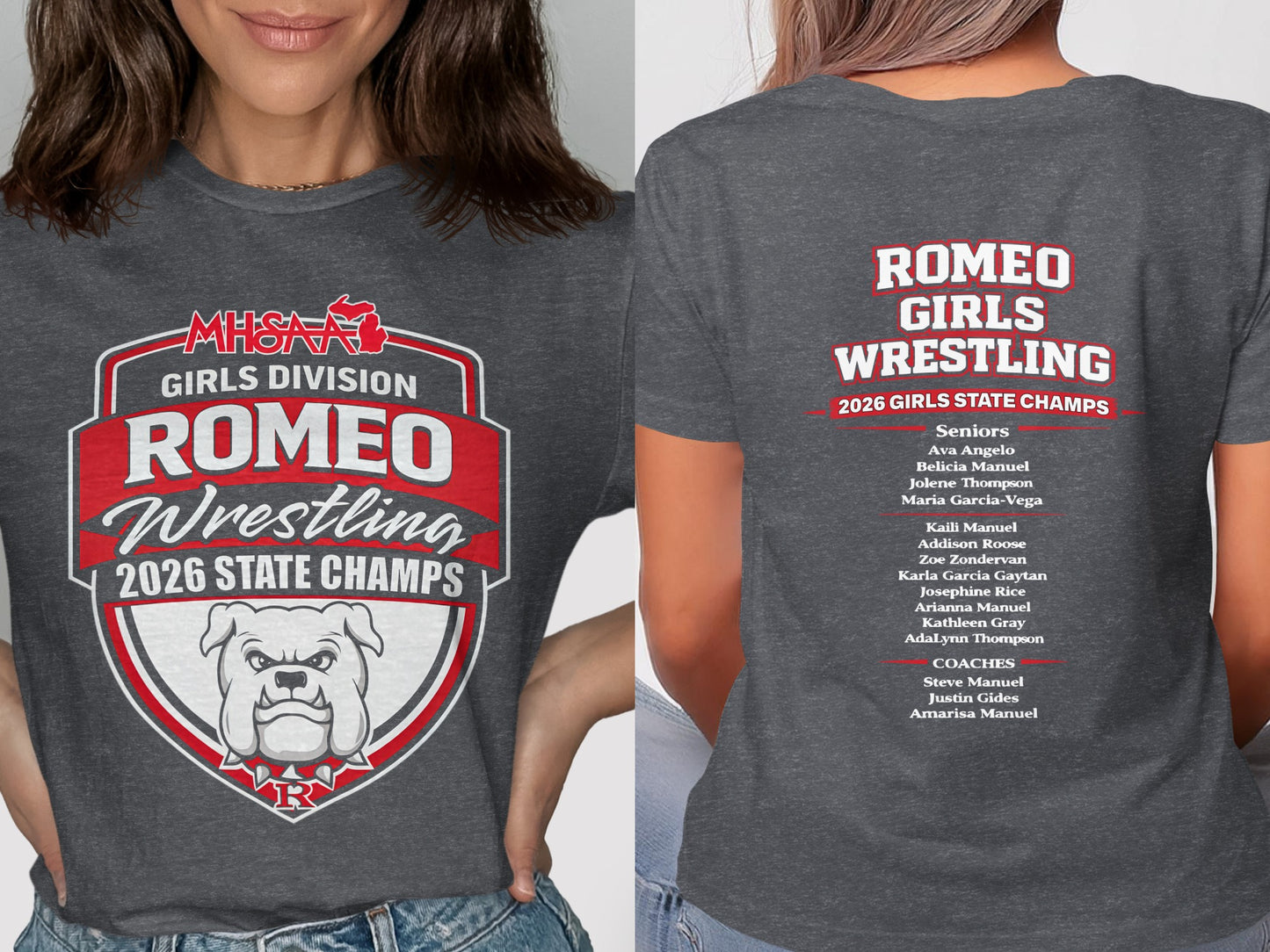 Romeo Girls Wrestling 2026 State Champs shirt with bulldog and team roster.