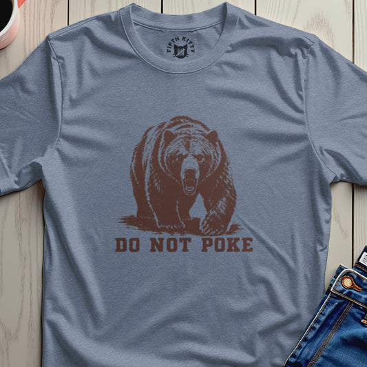 T-shirt with brown bear graphic and "DO NOT POKE" text.