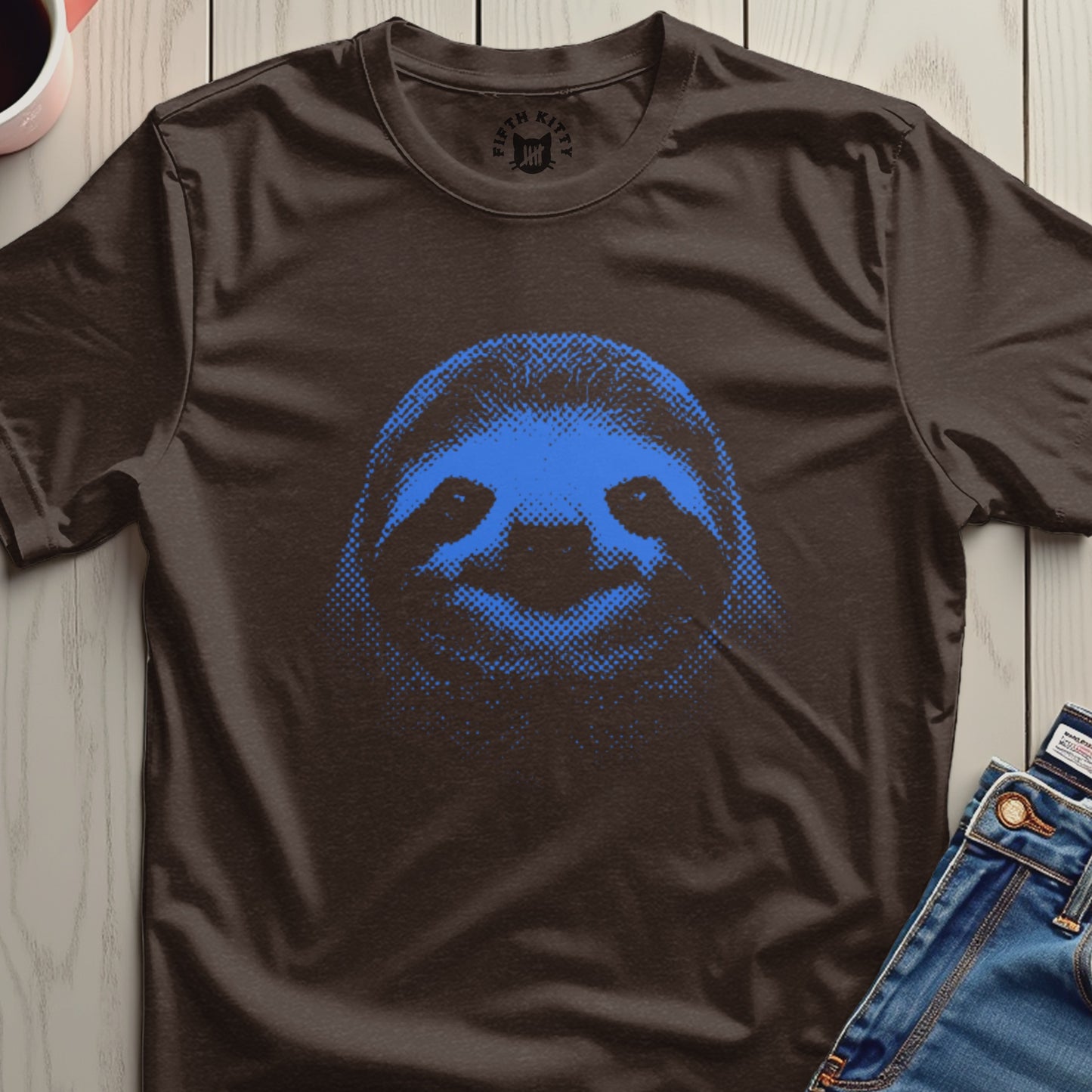 Blue Sloth Graphic Print on Brown Casual T-shirt