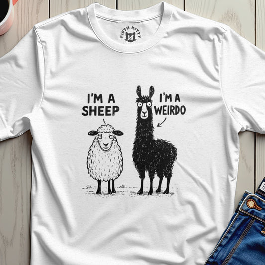 T-shirt with illustration of a sheep and a llama captioned "I'm a sheep" and "I'm a weirdo".
