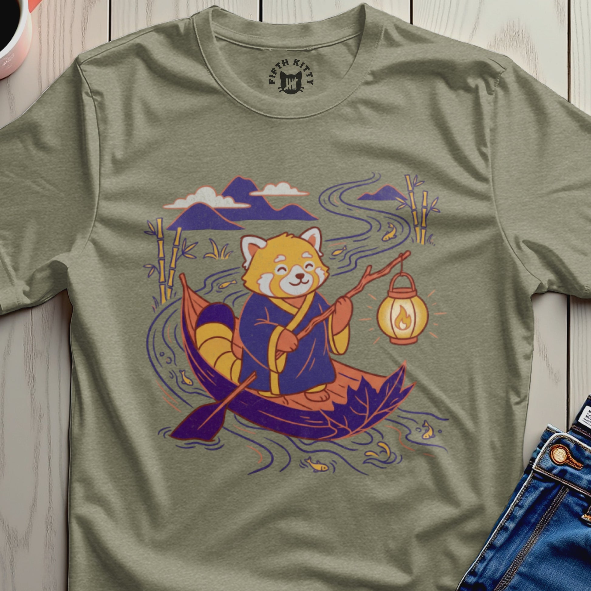 Adorable Red Panda Fishing Scene T-shirt for Sale