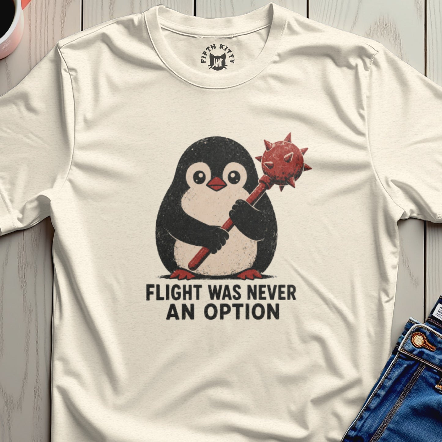 Cream t-shirt with a penguin holding a mace and the text "FLIGHT WAS NEVER AN OPTION".