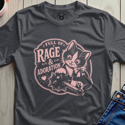 Dark gray t-shirt with "Full of Rage & Adoration" text and a cartoon cat holding a spiked ball.