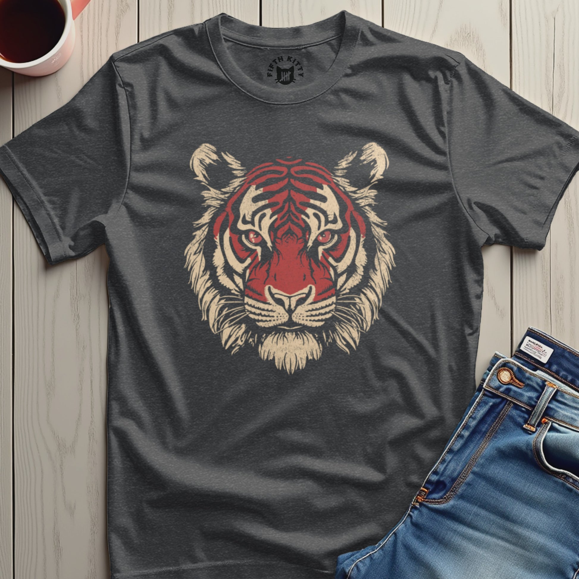 Bold Red Tiger Graphic on Dark Shirt product type