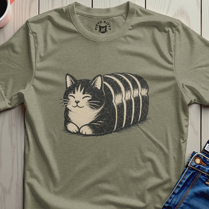 T-shirt with a distressed black and white drawing of a segmented cat.