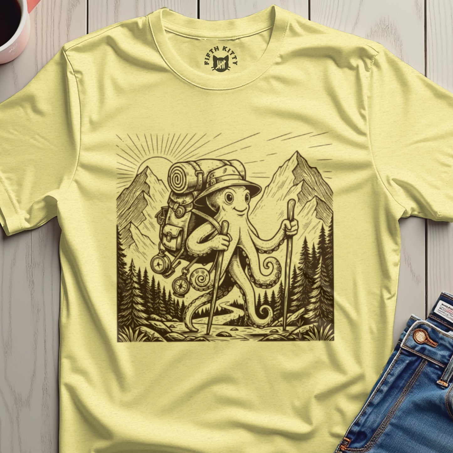 Octopus Hiking Between Mountains Graphic T-shirt