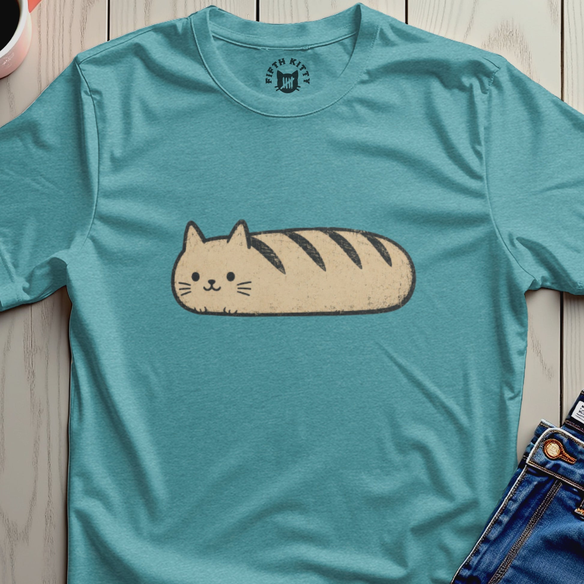 Cat loaf graphic tee with "Fifth Kitty" logo on collar.