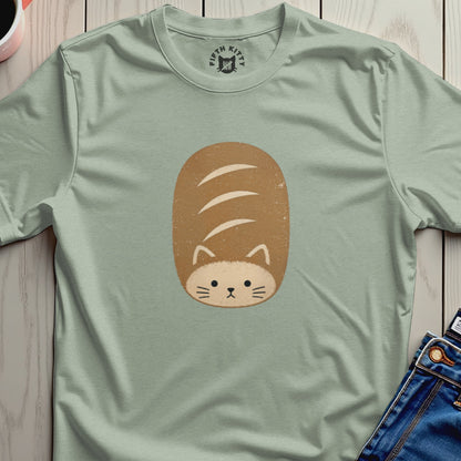 Light green t-shirt with a bread-shaped cat graphic and Fifth Kitty logo.