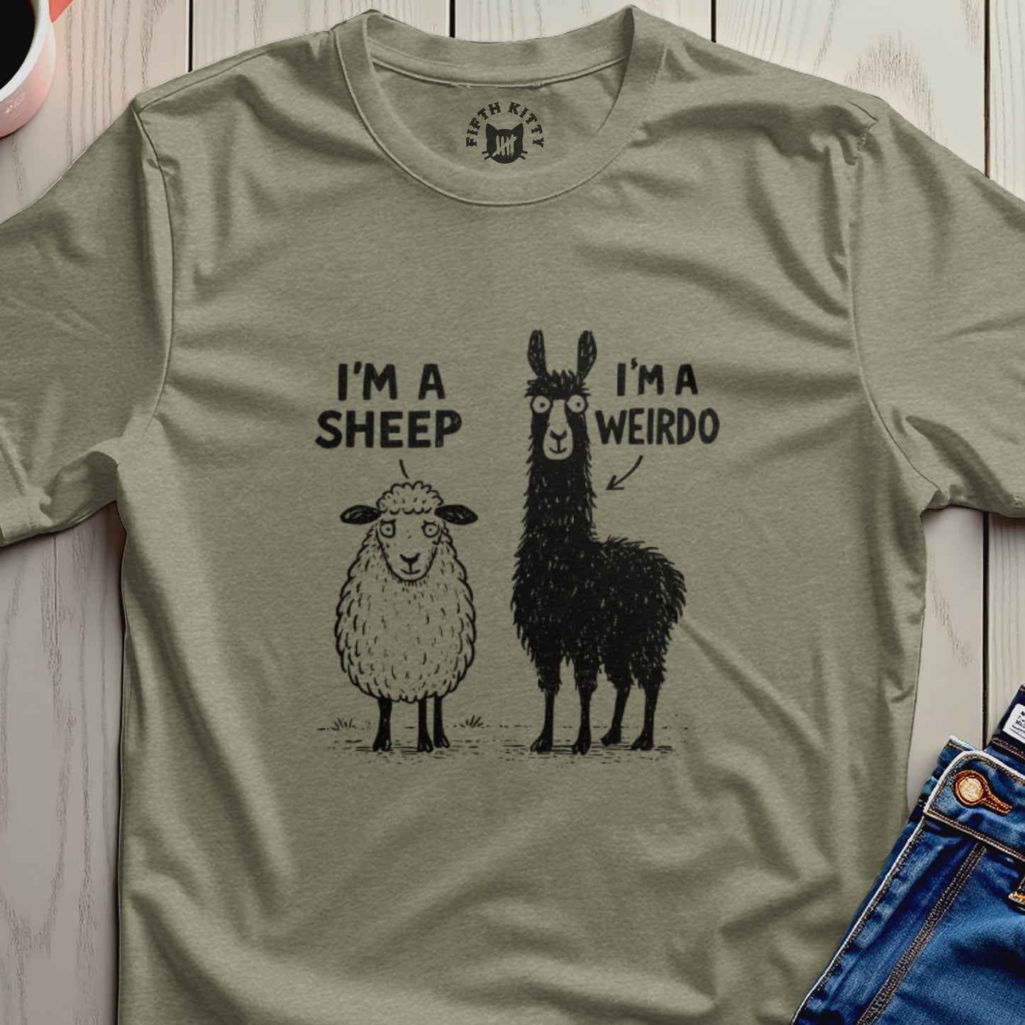 Sheep and llama graphic tee with text "I'm a Sheep" and "I'm a Weirdo."