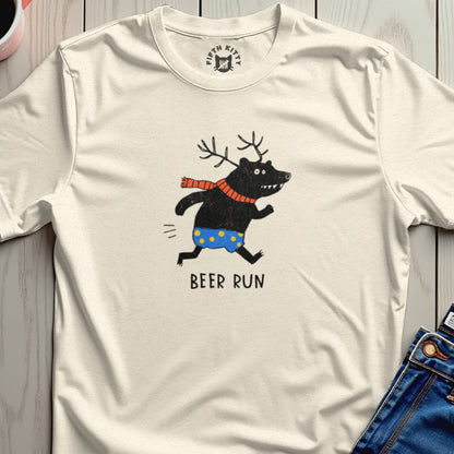 Cream t-shirt with a black bear wearing antlers, scarf, and polka dot shorts, with "BEER RUN" text.