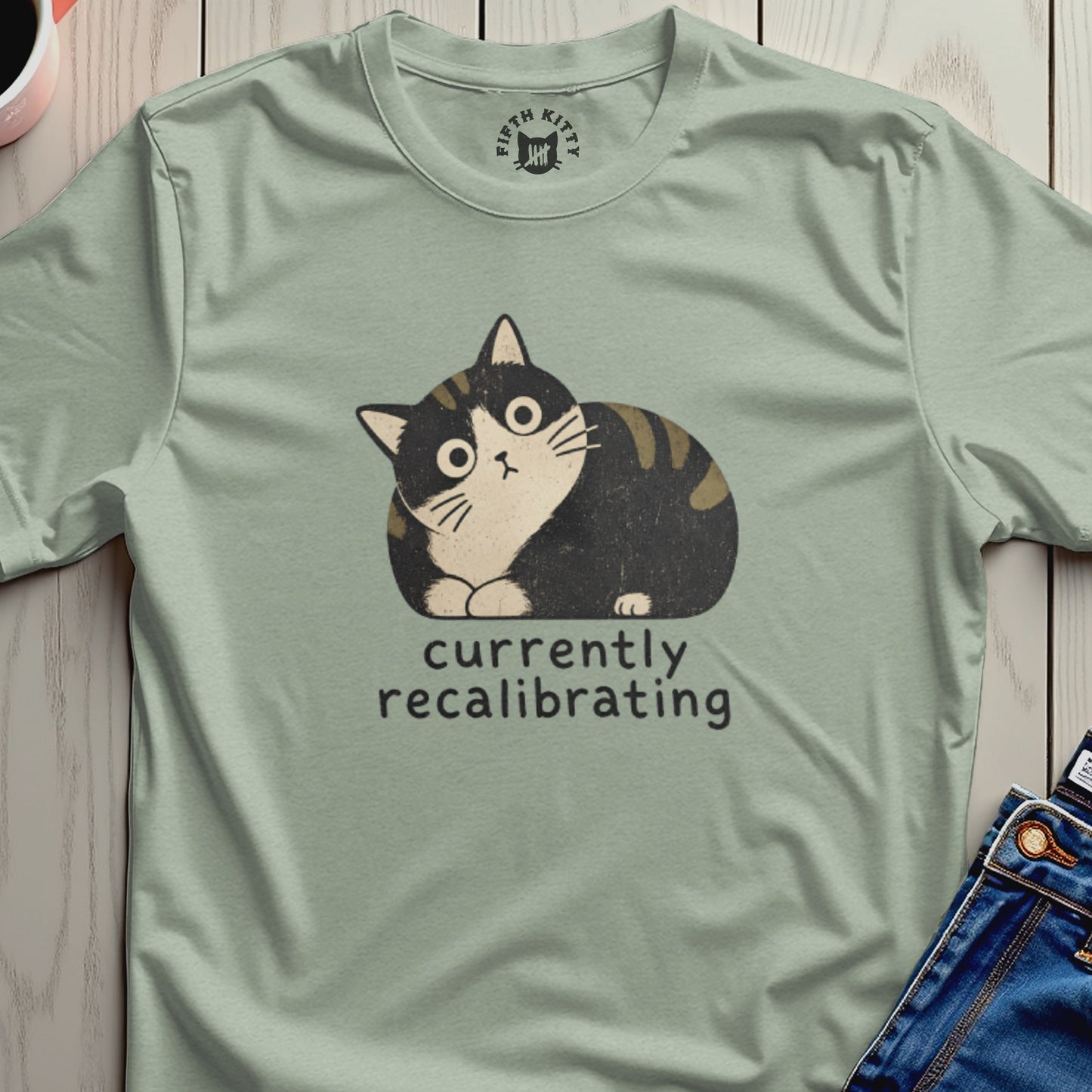 T-shirt with distressed cartoon cat graphic and text "currently recalibrating".