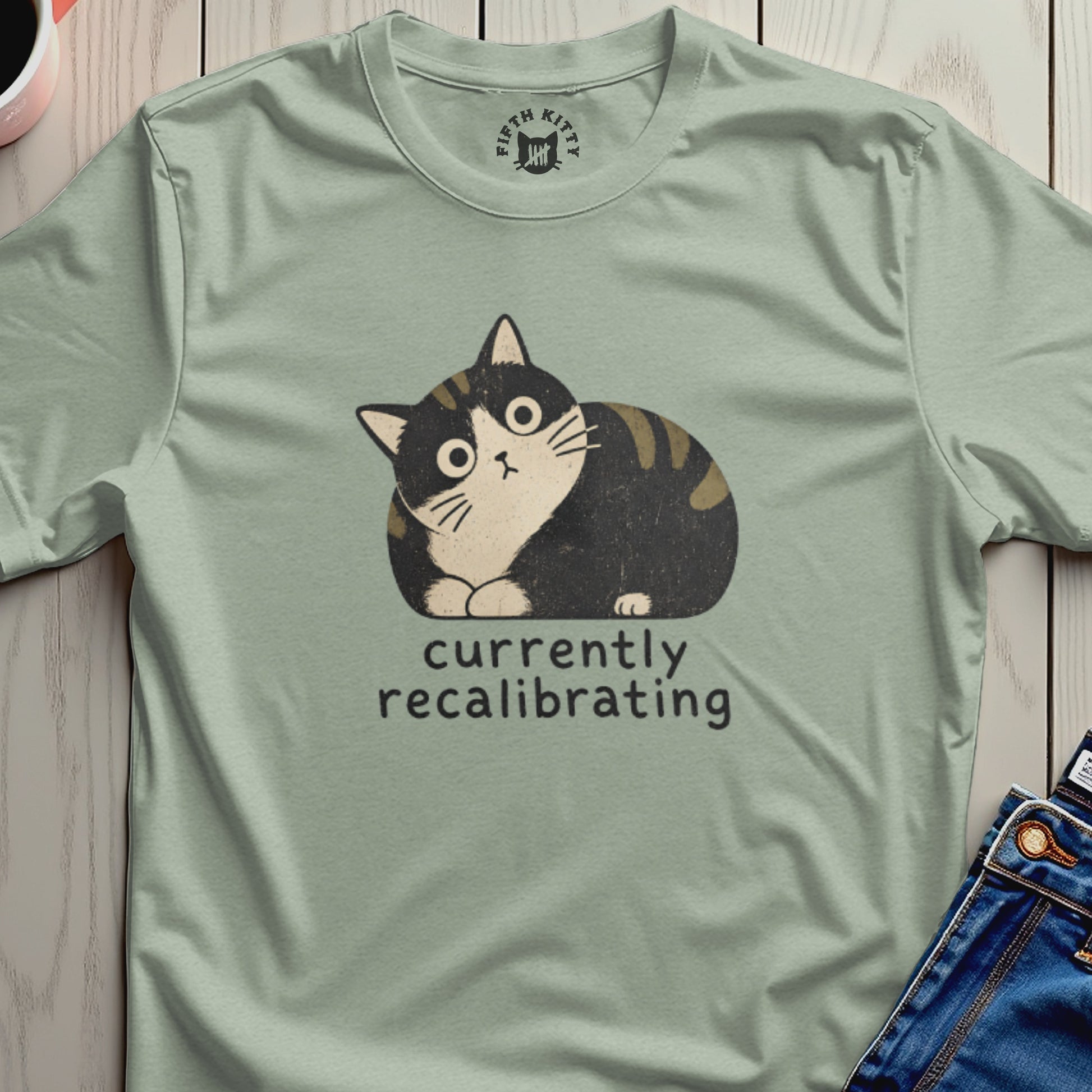 T-shirt with distressed cartoon cat graphic and text "currently recalibrating".