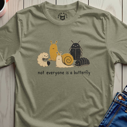 T-shirt with cartoon bugs and text "not everyone is a butterfly."