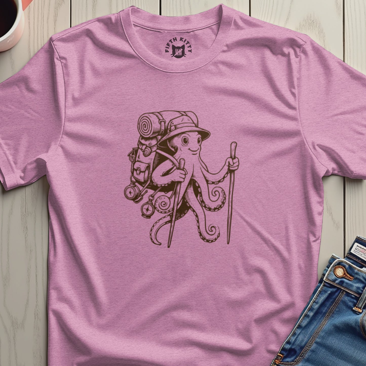 Octopus with Hiking Gear Graphic Tee for Outdoor Fans