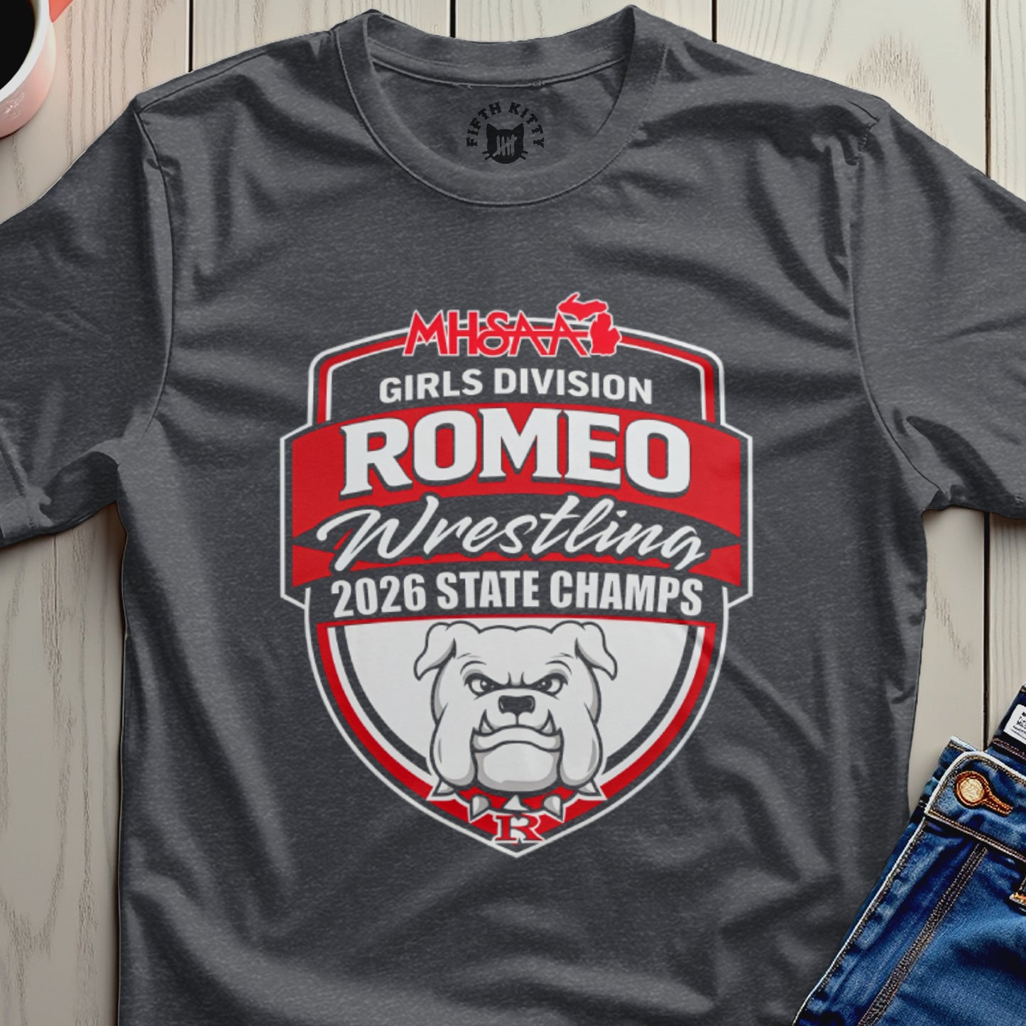 Romeo Girls Wrestling 2026 State Champs bulldog logo t-shirt.