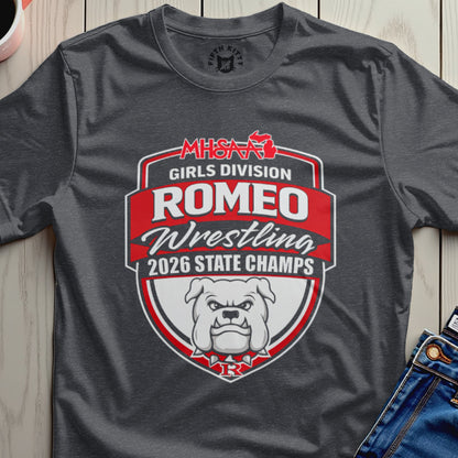 Romeo Girls Wrestling 2026 State Champs bulldog logo t-shirt.